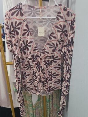 Free People Pink and Burgundy Floral Ruched V-Neck Blouse